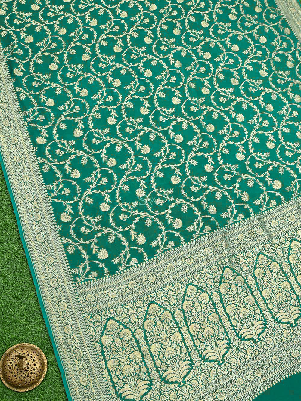 Teal Green Jaal Khaddi Georgette Handloom Banarasi Saree - Sacred Weaves