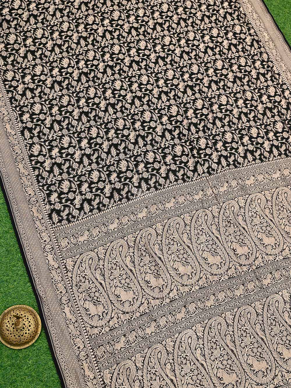 Black Shikargah Khaddi Georgette Handloom Banarasi Saree - Sacred Weaves