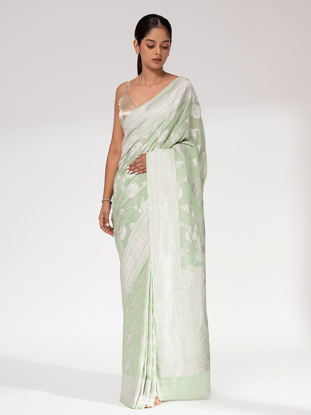 Pista Green Khaddi Georgette Handloom Banarasi Saree - Sacred Weaves