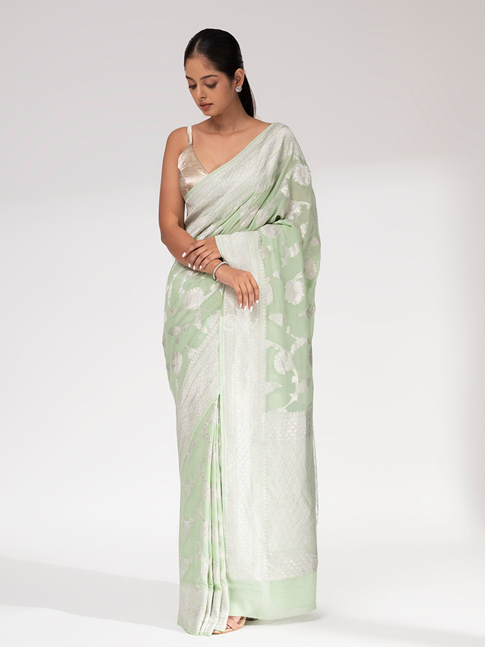 Pista Green Khaddi Georgette Handloom Banarasi Saree - Sacred Weaves