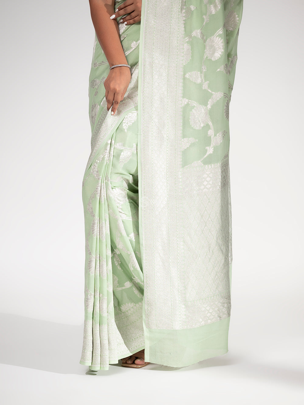 Pista Green Khaddi Georgette Handloom Banarasi Saree - Sacred Weaves