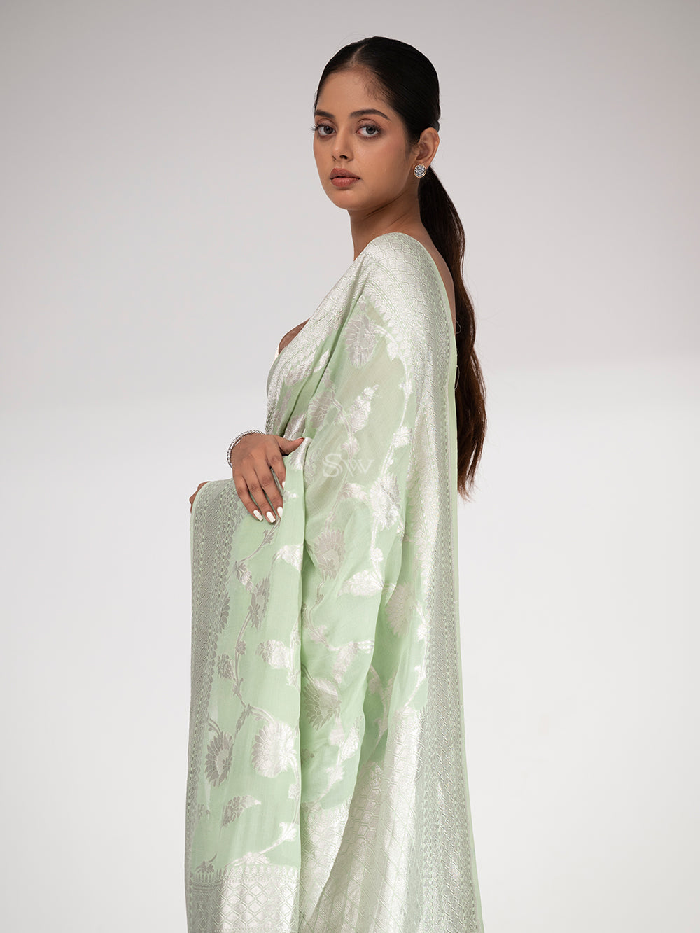 Pista Green Khaddi Georgette Handloom Banarasi Saree - Sacred Weaves