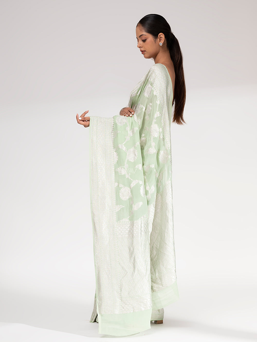 Pista Green Khaddi Georgette Handloom Banarasi Saree - Sacred Weaves