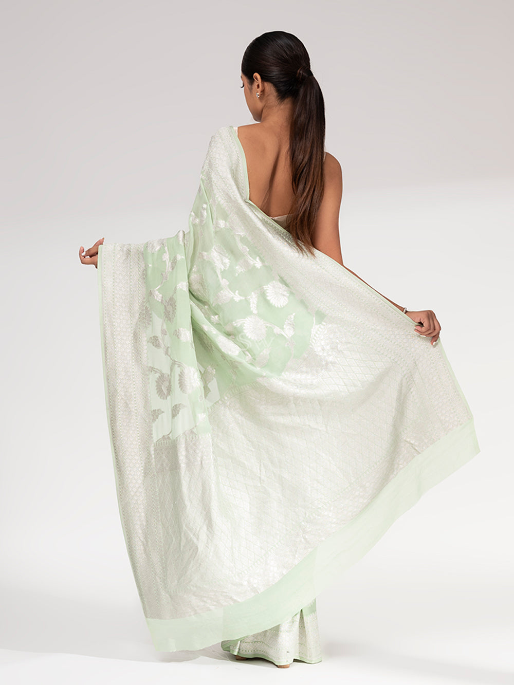Pista Green Khaddi Georgette Handloom Banarasi Saree - Sacred Weaves
