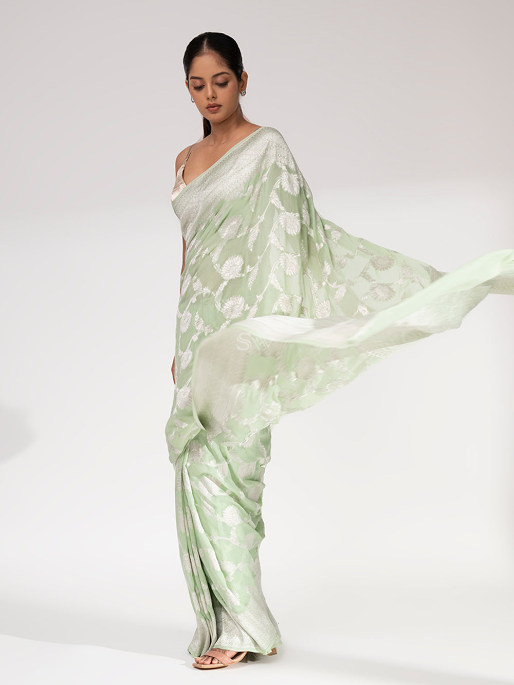Pista Green Khaddi Georgette Handloom Banarasi Saree - Sacred Weaves