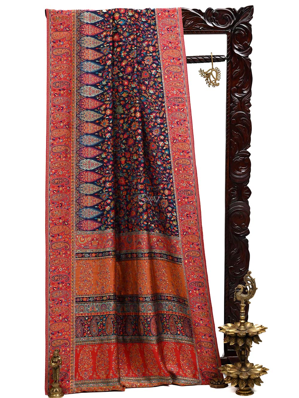 Navy Blue Pashmina Moonga Silk Handloom Banarasi Saree - Sacred Weaves