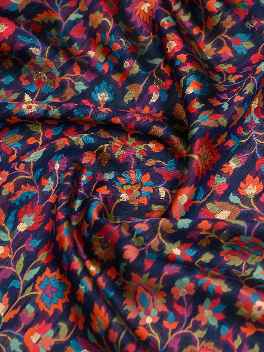 Navy Blue Pashmina Moonga Silk Handloom Banarasi Saree - Sacred Weaves