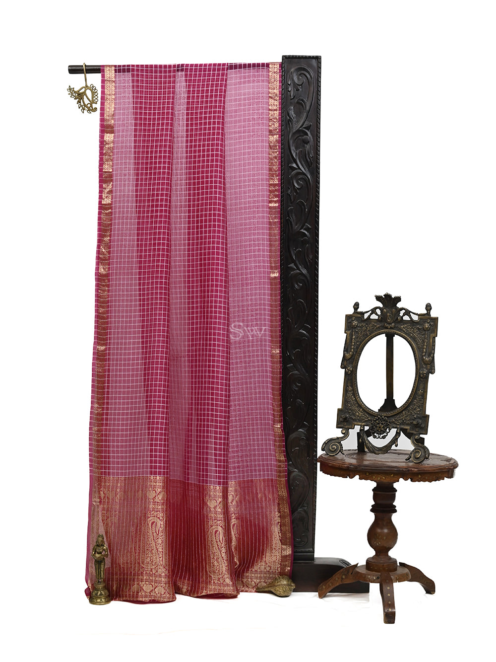 Dark Magenta Check Organza Handloom Banarasi Saree - Sacred Weaves