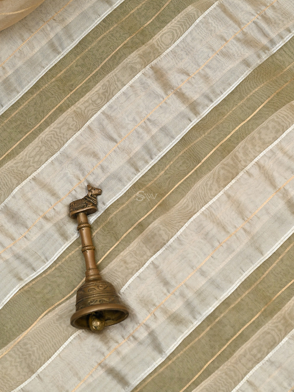 Pastel Brown Stripe Katan Kora Silk Handloom Banarasi Saree - Sacred Weaves