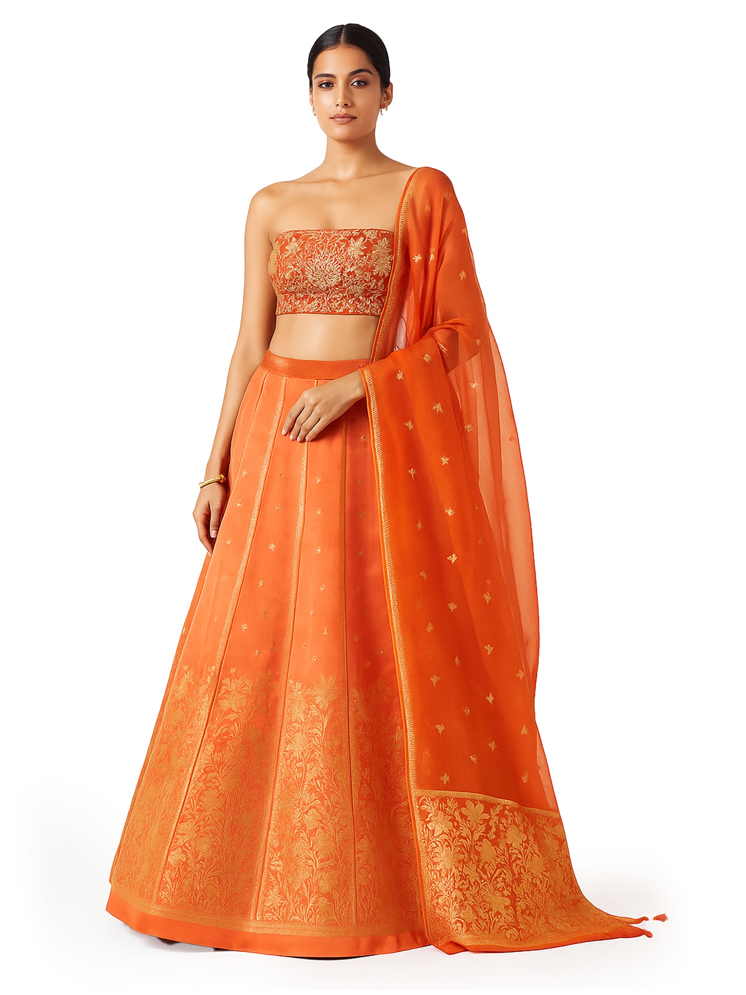 Rust Satin Silk Handloom Banarasi Lehenga - Sacred Weaves