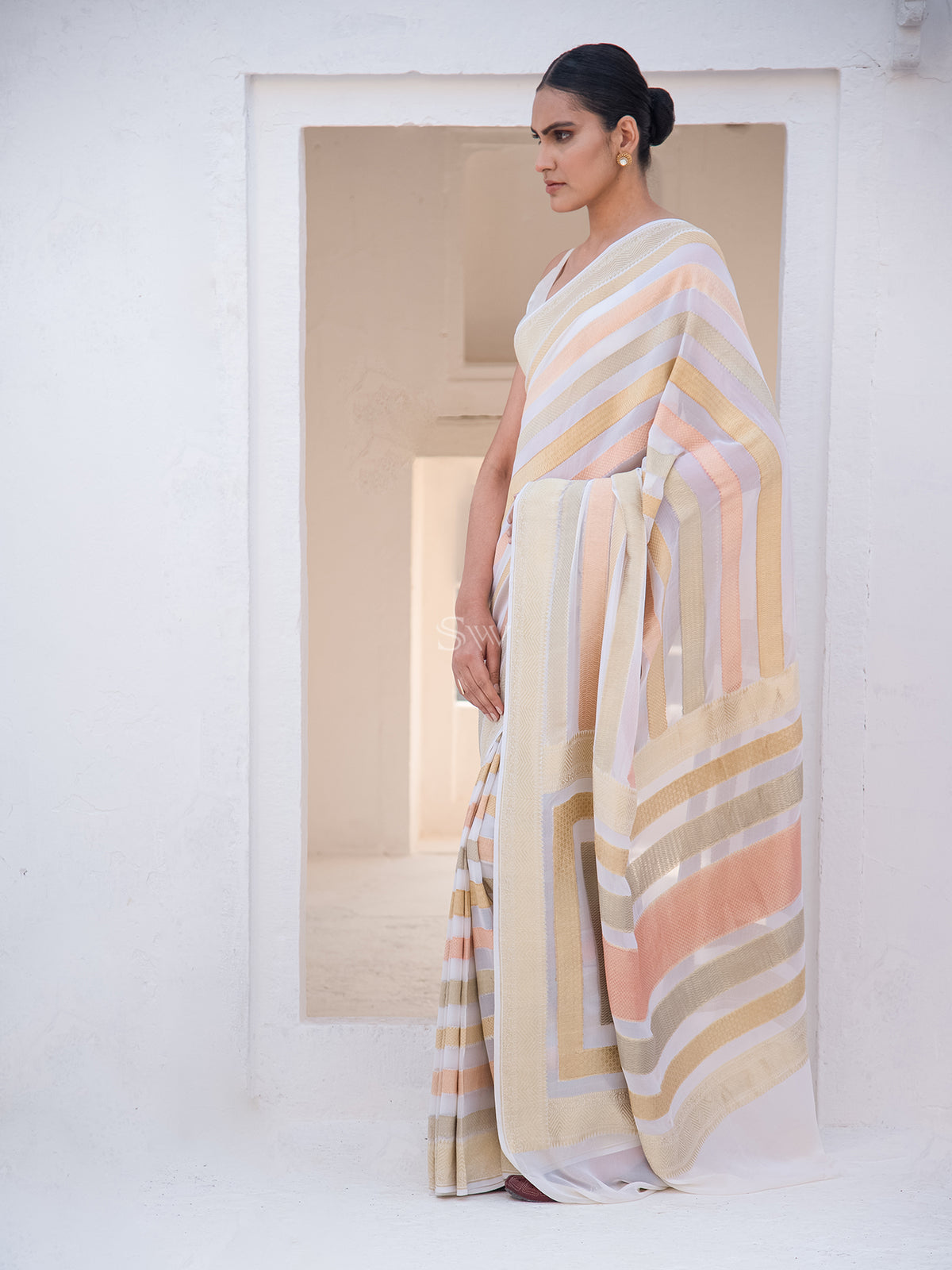 Off-White Stripe Khaddi Georgette Handloom Banarasi Saree - Sacred Weaves