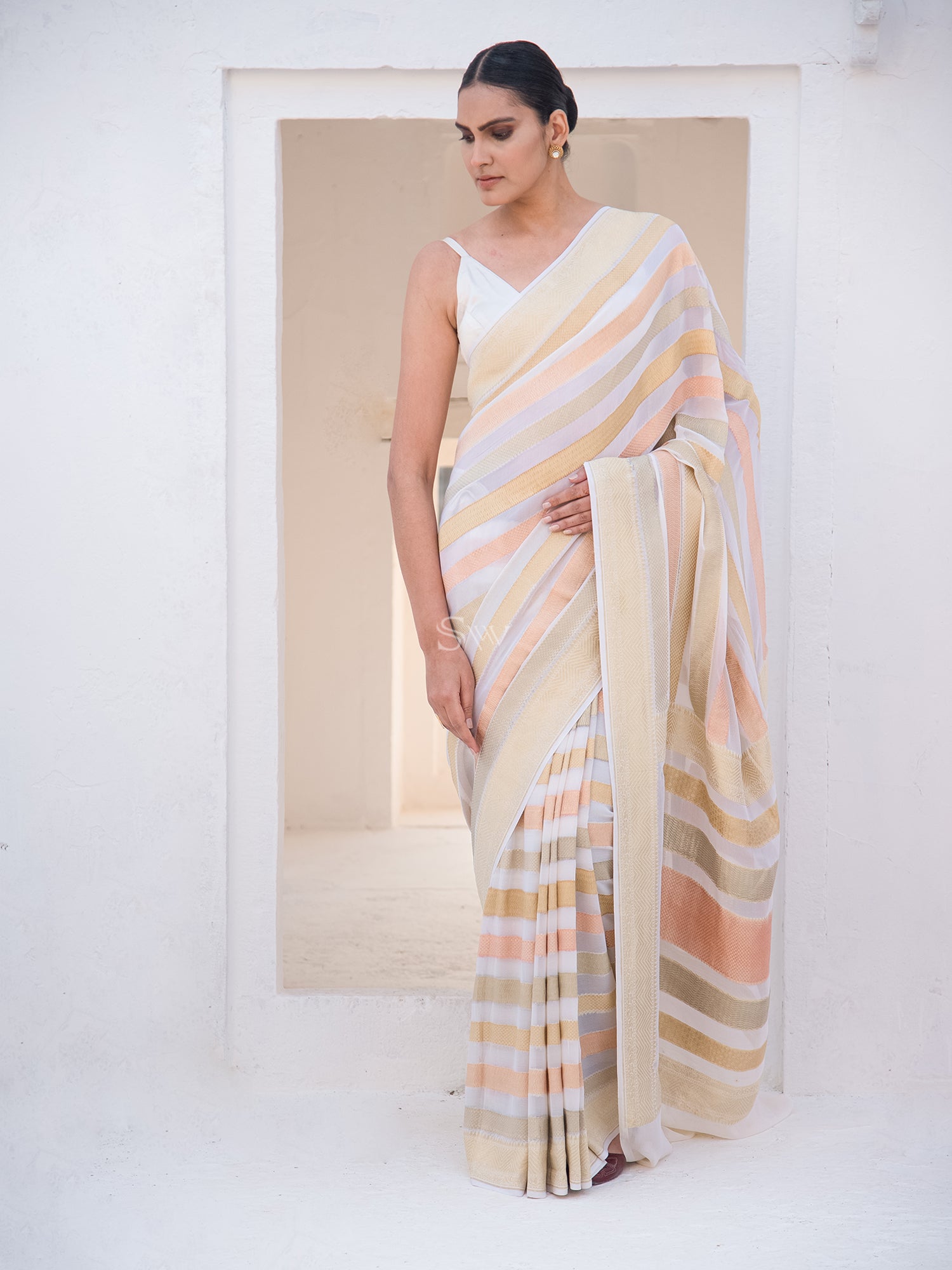 Off-White Stripe Khaddi Georgette Handloom Banarasi Saree - Sacred Weaves