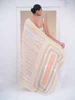 Off-White Stripe Khaddi Georgette Handloom Banarasi Saree - Sacred Weaves