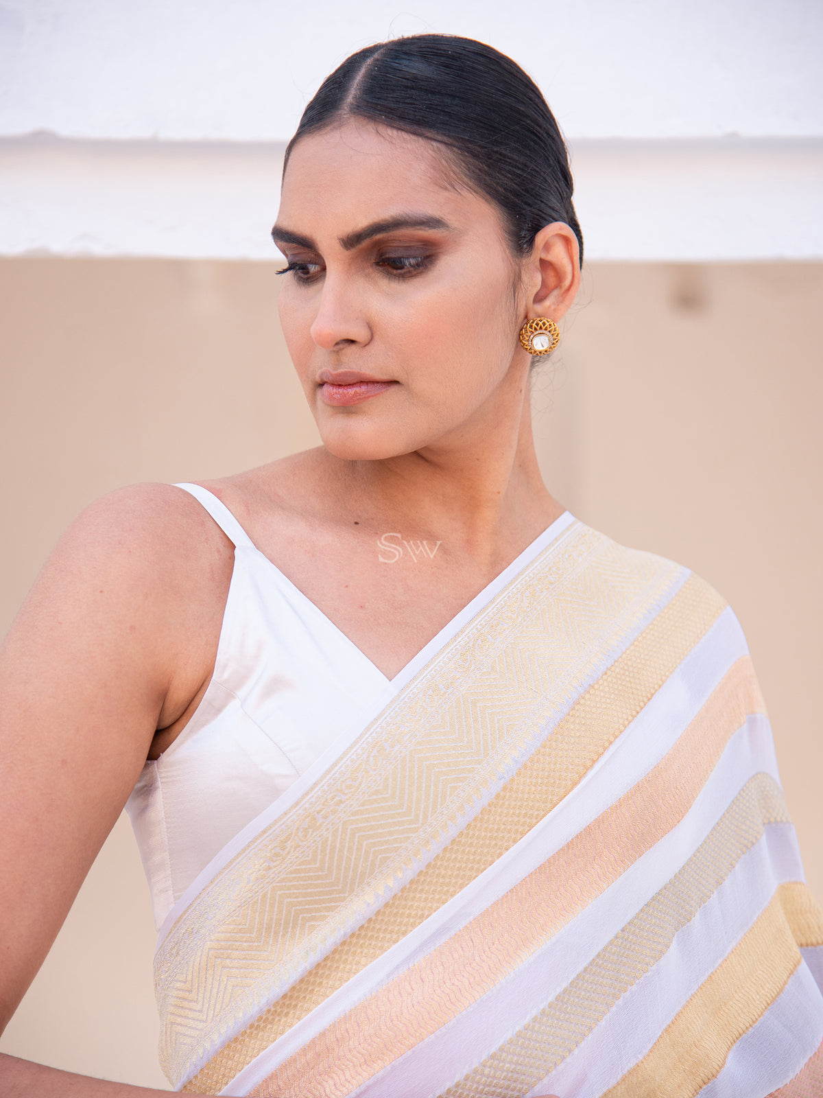 Off-White Stripe Khaddi Georgette Handloom Banarasi Saree - Sacred Weaves