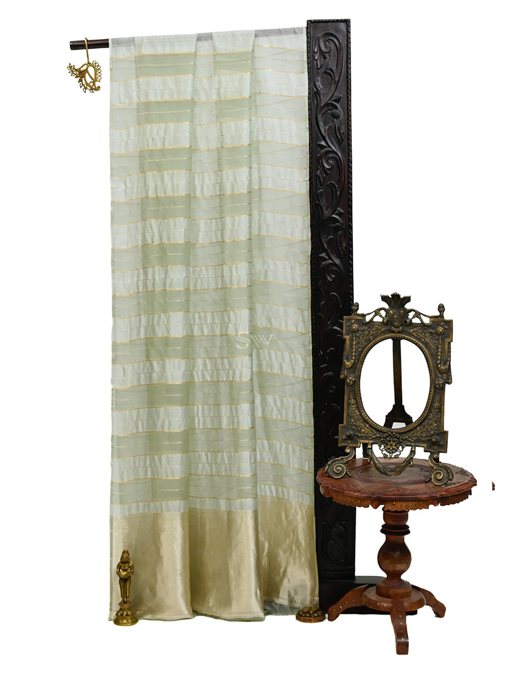 Pastel Pista Green Stripe Organza Silk Handloom Banarasi Saree - Sacred Weaves
