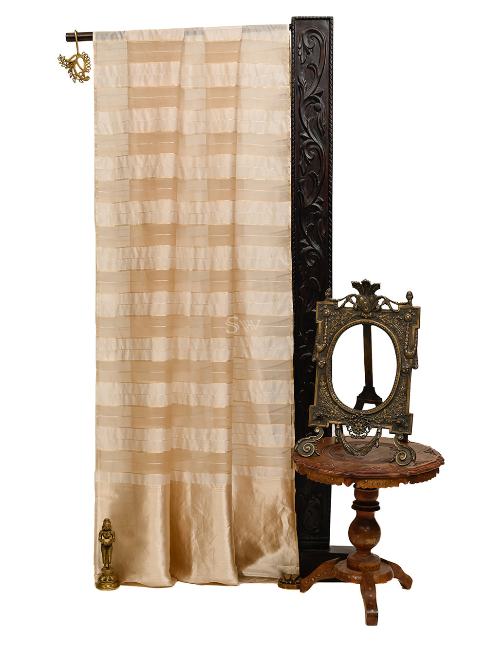 Pastel Brown Stripe Organza Silk Handloom Banarasi Saree - Sacred Weaves