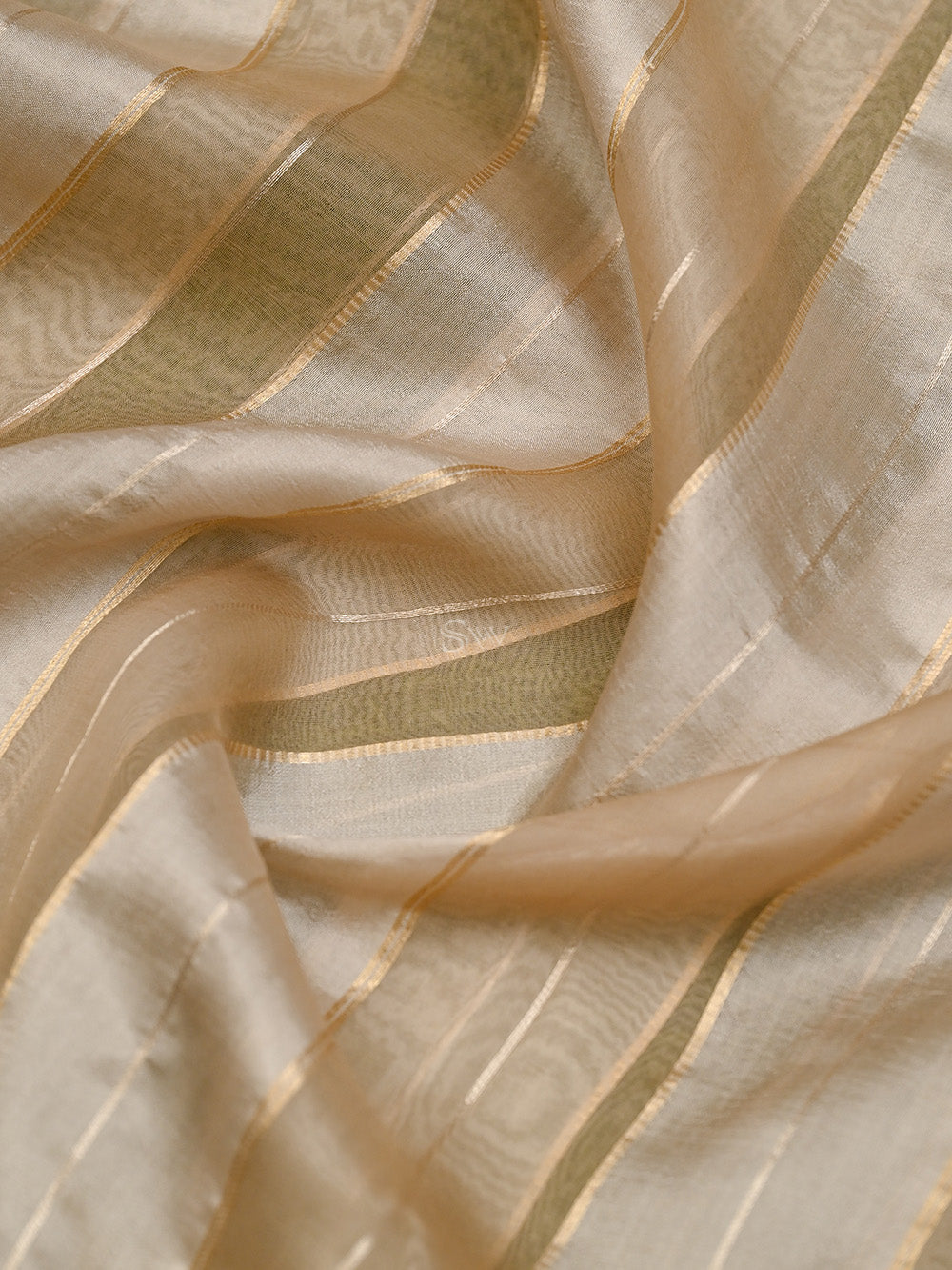 Pastel Brown Stripe Organza Silk Handloom Banarasi Saree - Sacred Weaves