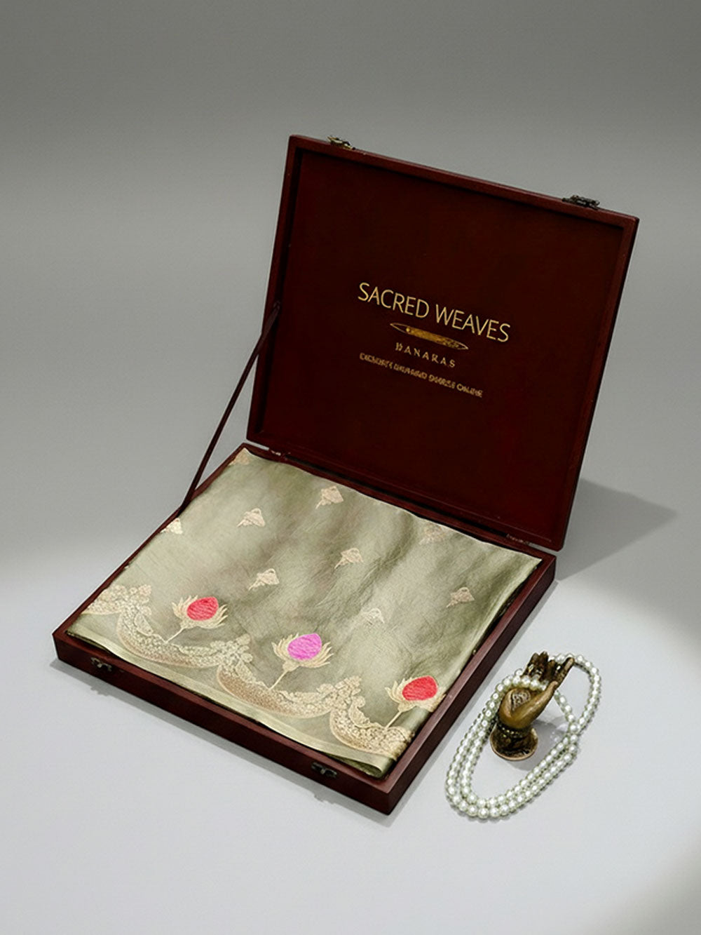 Muted Green Booti Satin Silk Handloom Banarasi Saree