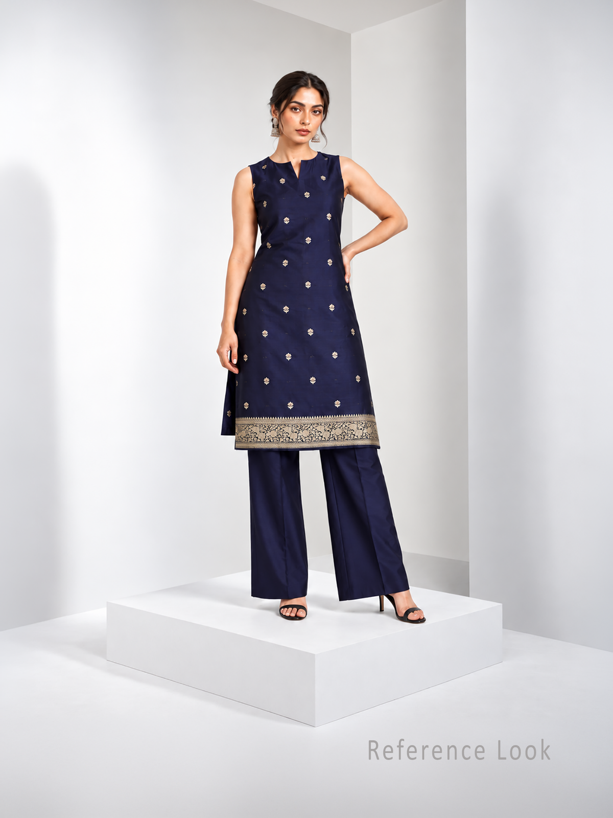 Midnight Blue Meenakari Booti Katan Silk Handloom Banarasi Suit - Sacred Weaves