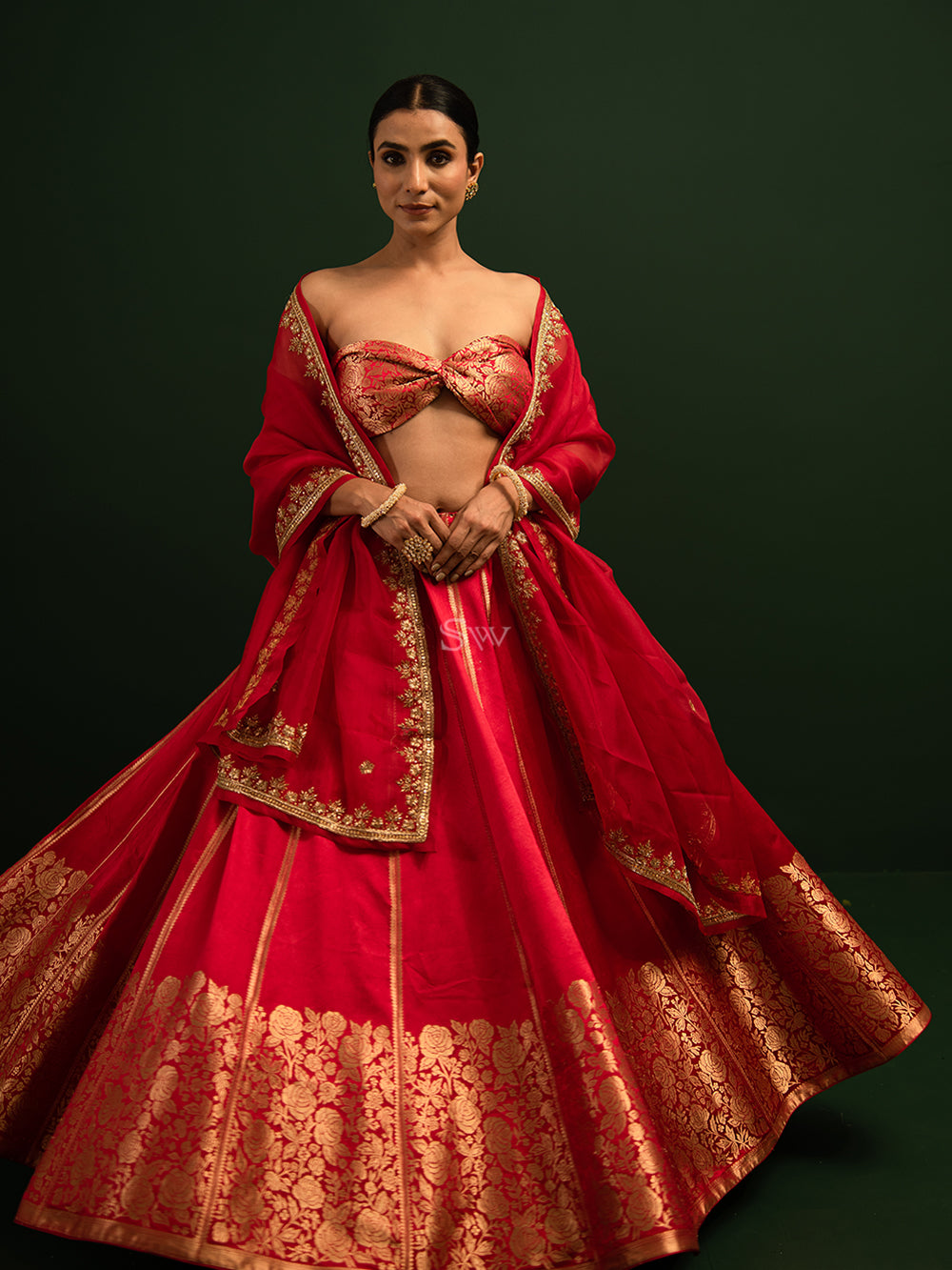 Red Satin Silk Handloom Banarasi Lehenga - Sacred Weaves