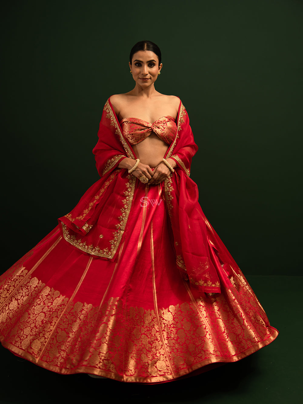 Red Satin Silk Handloom Banarasi Lehenga - Sacred Weaves