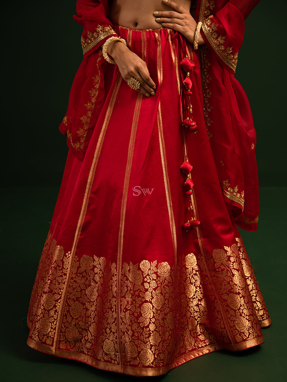 Red Satin Silk Handloom Banarasi Lehenga - Sacred Weaves