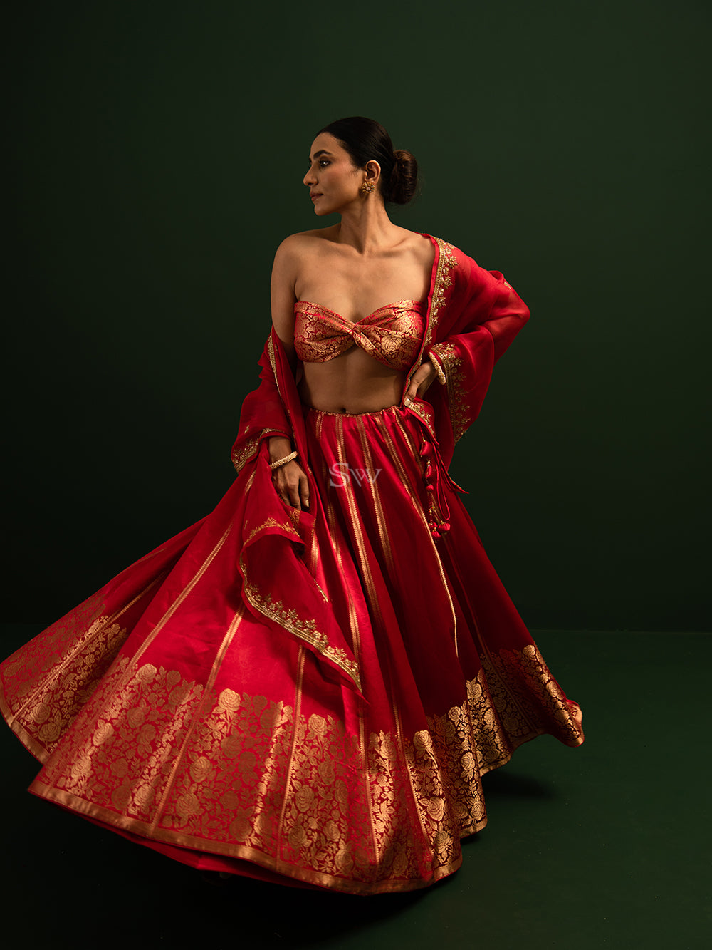 Red Satin Silk Handloom Banarasi Lehenga - Sacred Weaves