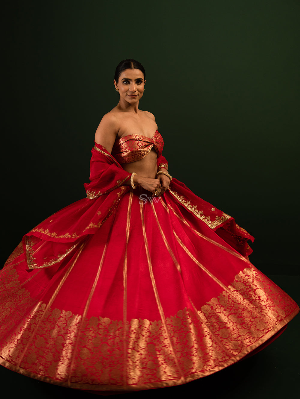 Red Satin Silk Handloom Banarasi Lehenga - Sacred Weaves