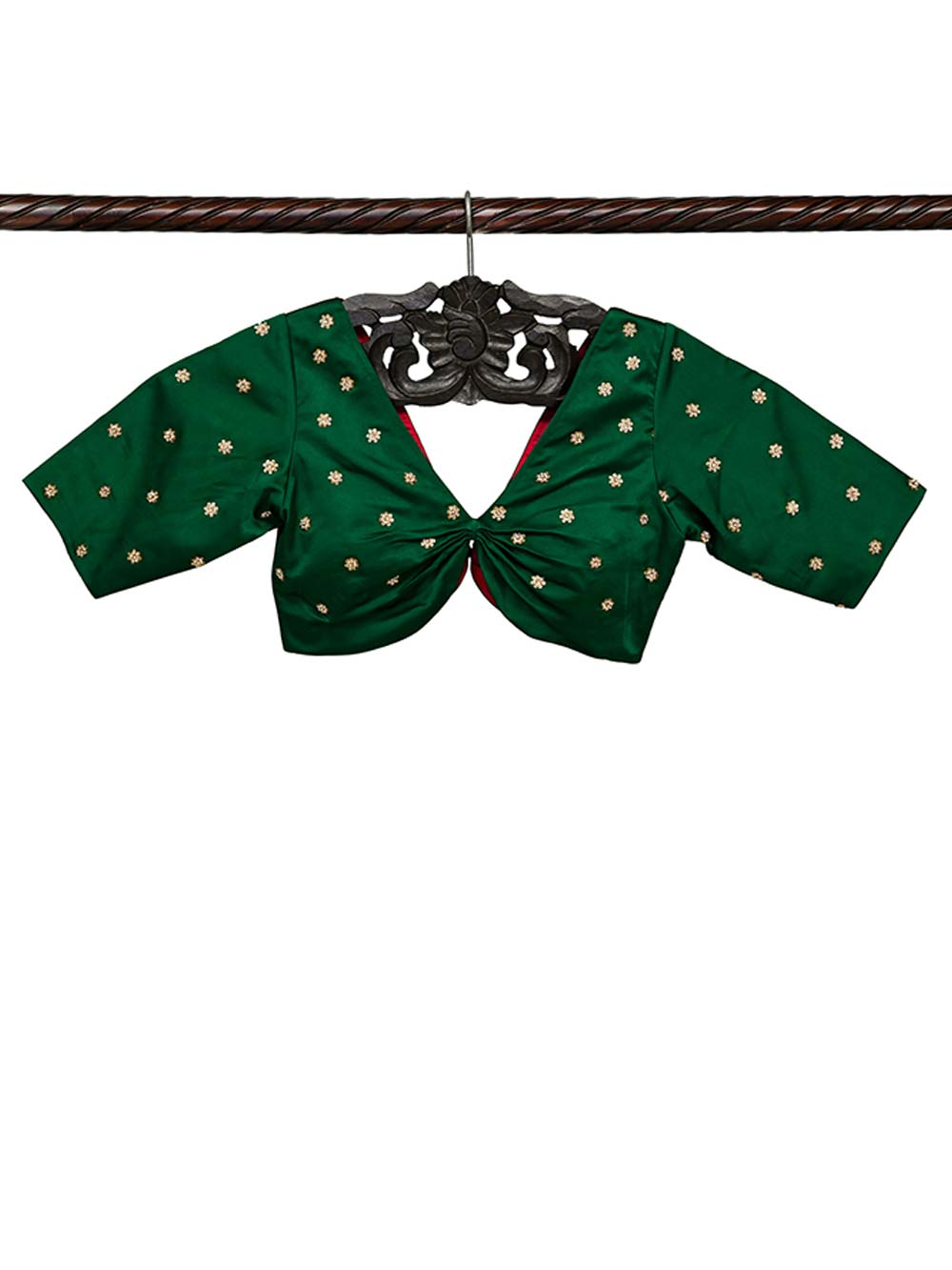 Bottle Green Satin Silk Embroidery Banarasi Ready-Made Blouse - Sacred Weaves