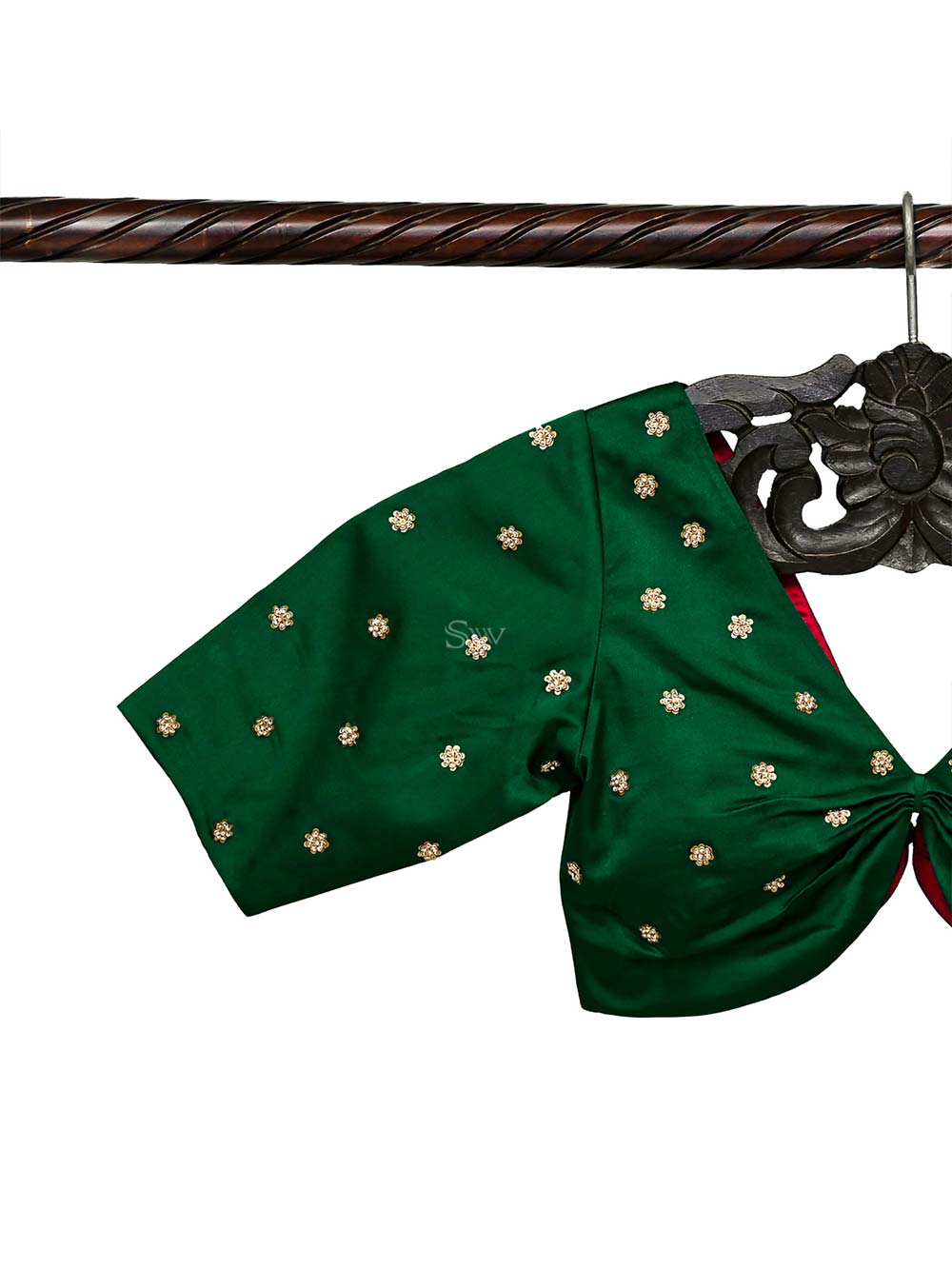 Bottle Green Satin Silk Embroidery Banarasi Ready-Made Blouse - Sacred Weaves