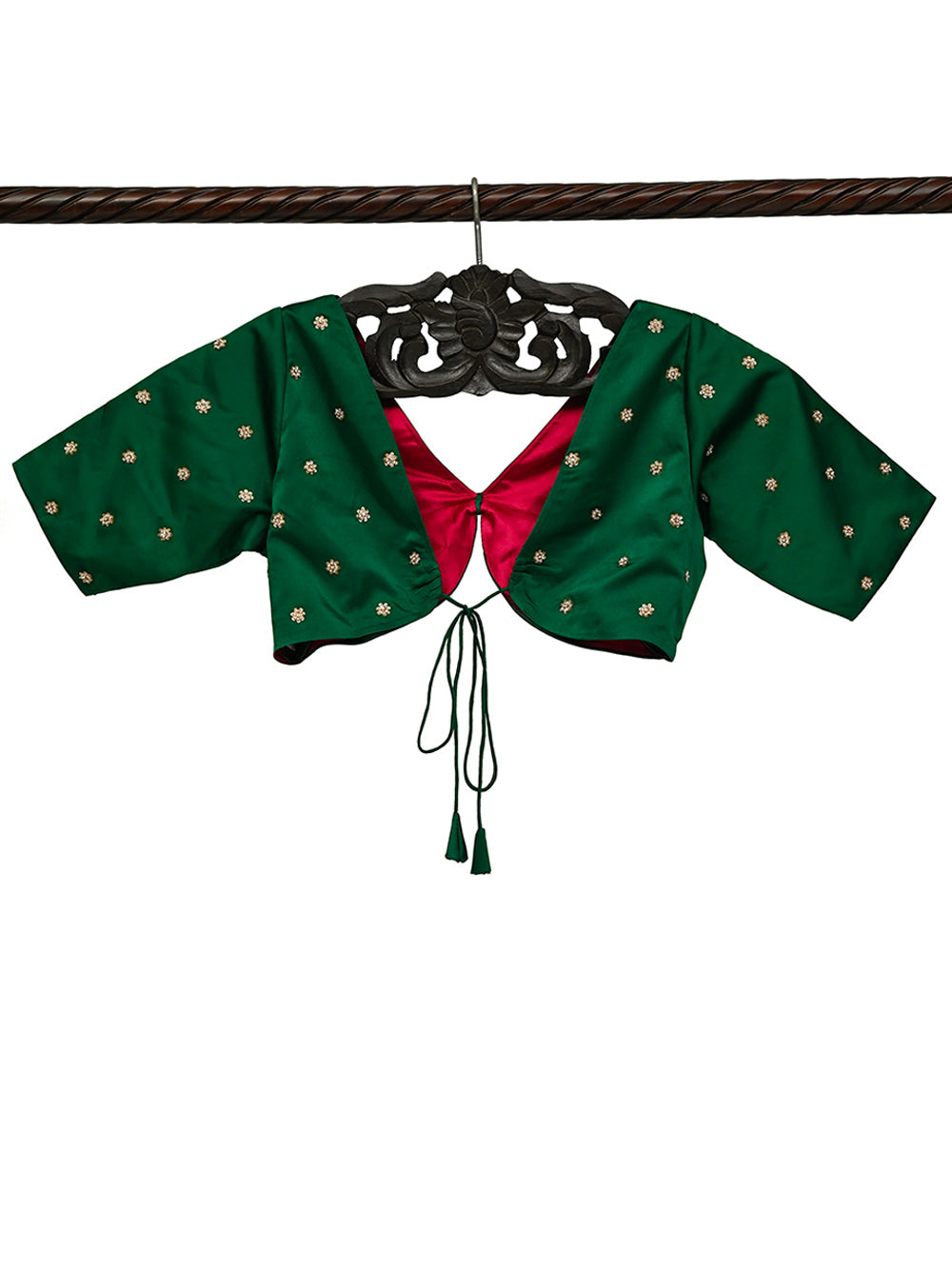 Bottle Green Satin Silk Embroidery Banarasi Ready-Made Blouse - Sacred Weaves