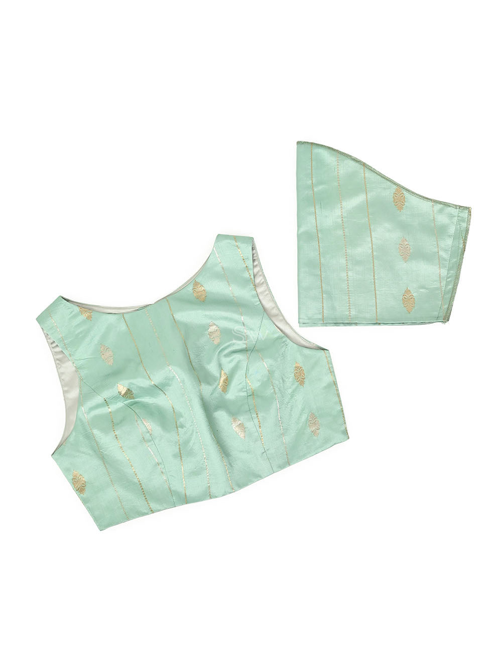 Mint Green Booti Katan Silk Banarasi Ready-Made Blouse - Sacred Weaves