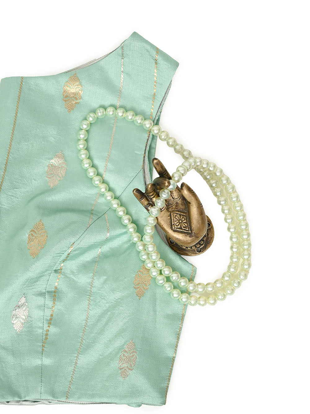 Mint Green Booti Katan Silk Banarasi Ready-Made Blouse - Sacred Weaves