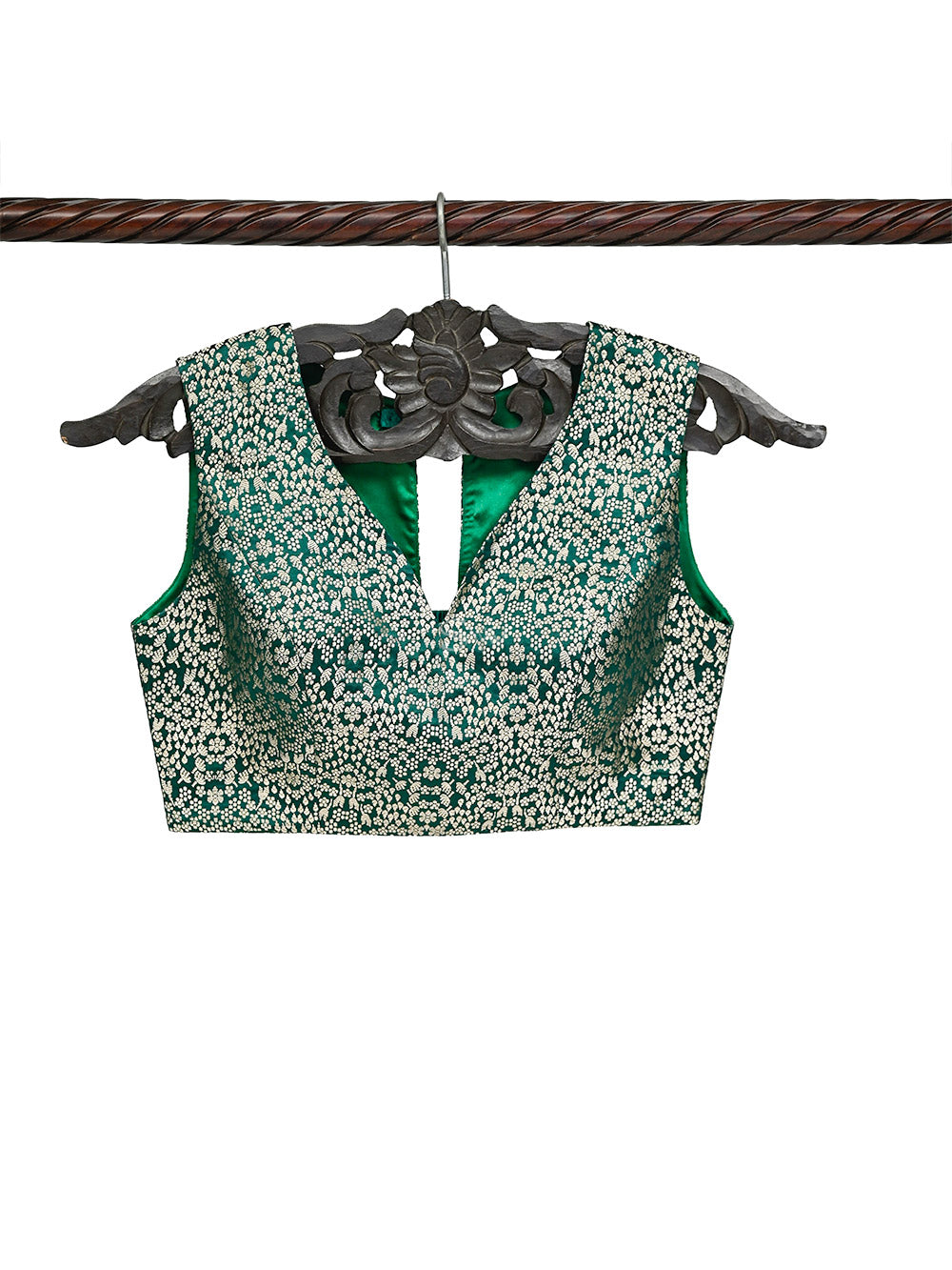 Bottle Green Satin Brocade Banarasi Ready-made Blouse - Sacred Weaves