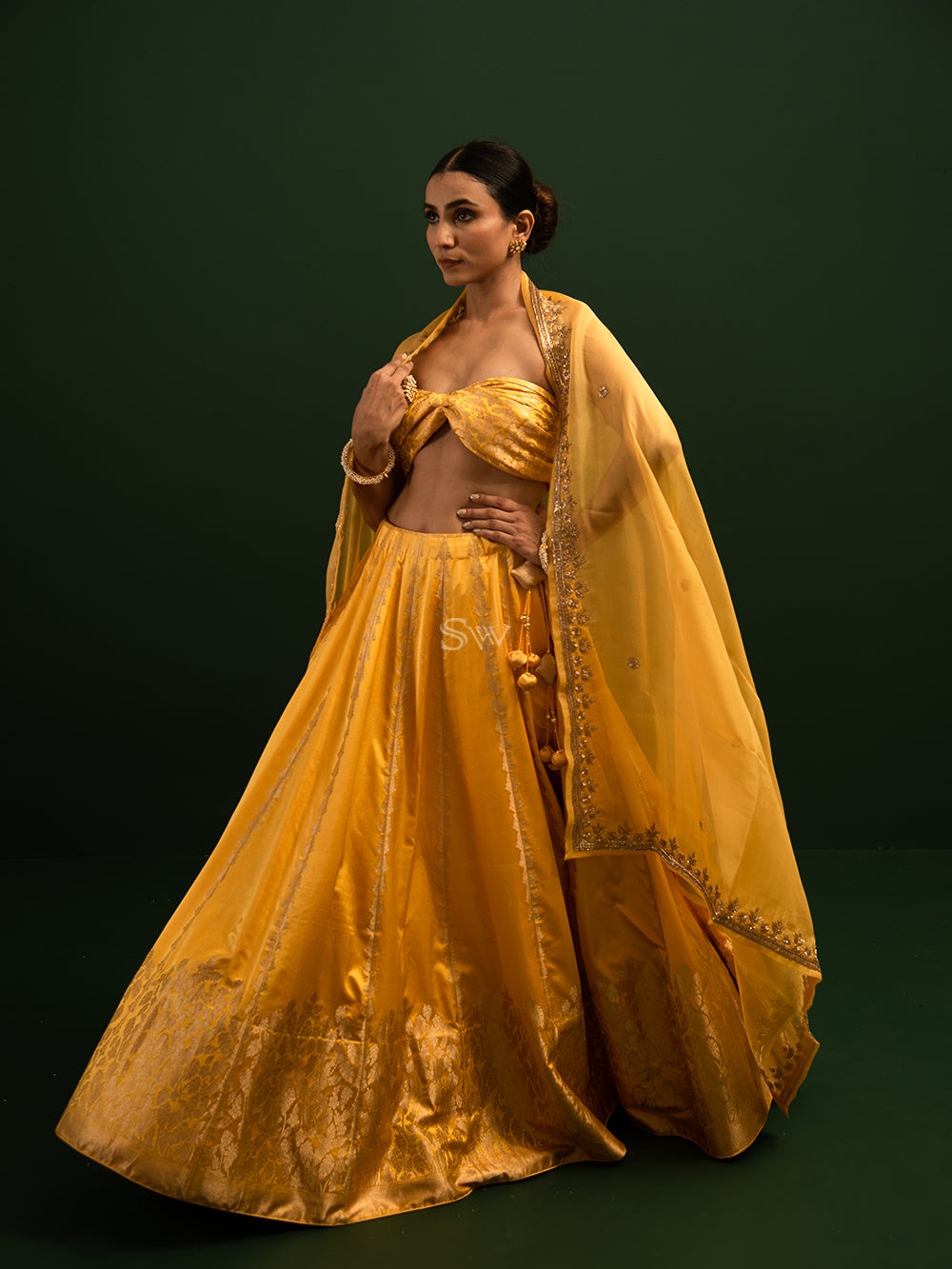 Yellow Satin Silk Handloom Banarasi Lehenga - Saced Weaves