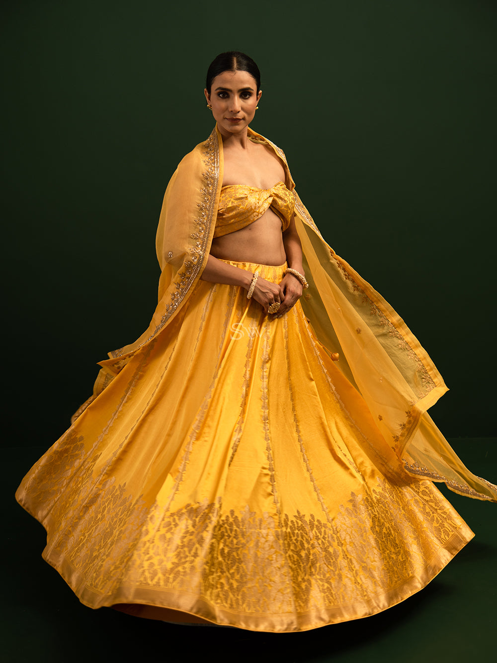 Yellow Satin Silk Handloom Banarasi Lehenga - Saced Weaves