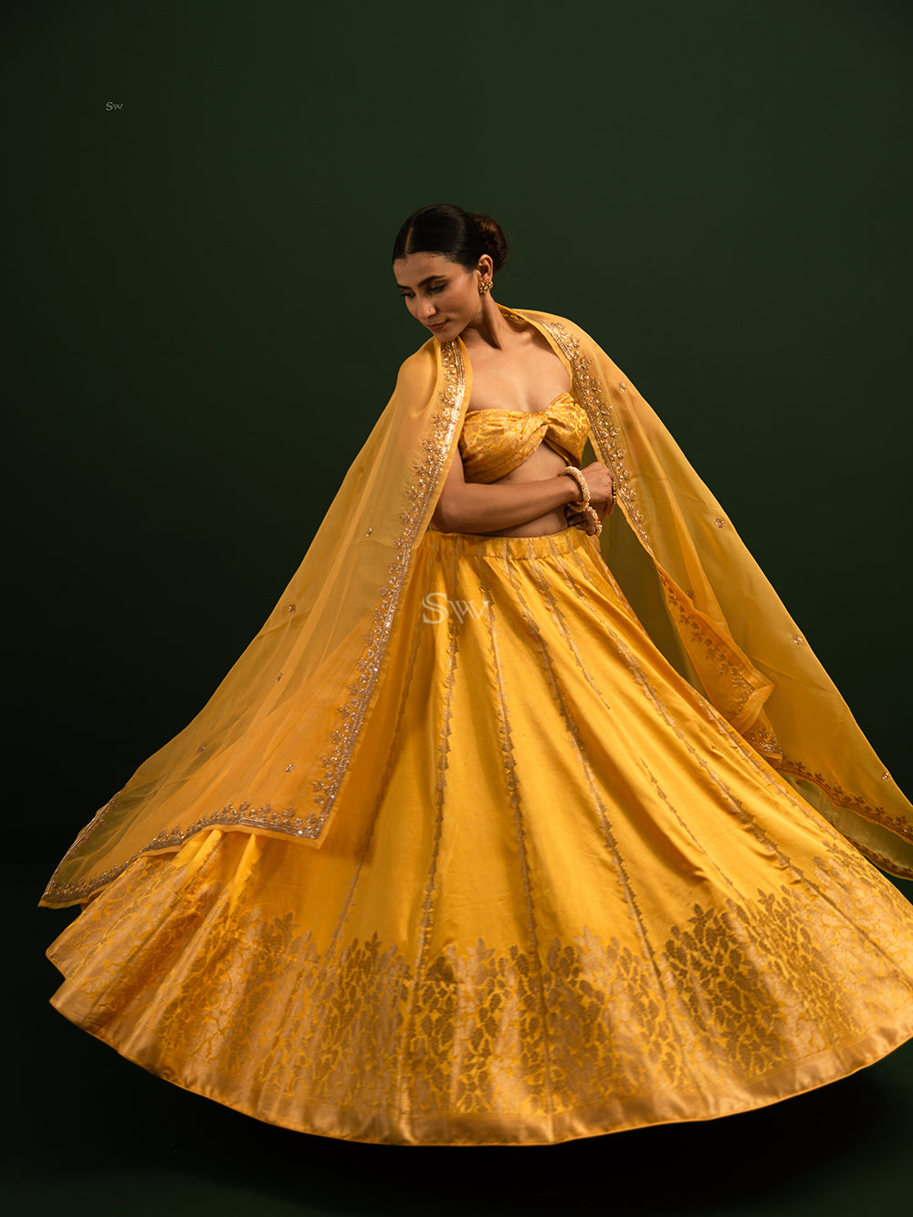 Yellow Satin Silk Handloom Banarasi Lehenga - Sacred Weaves