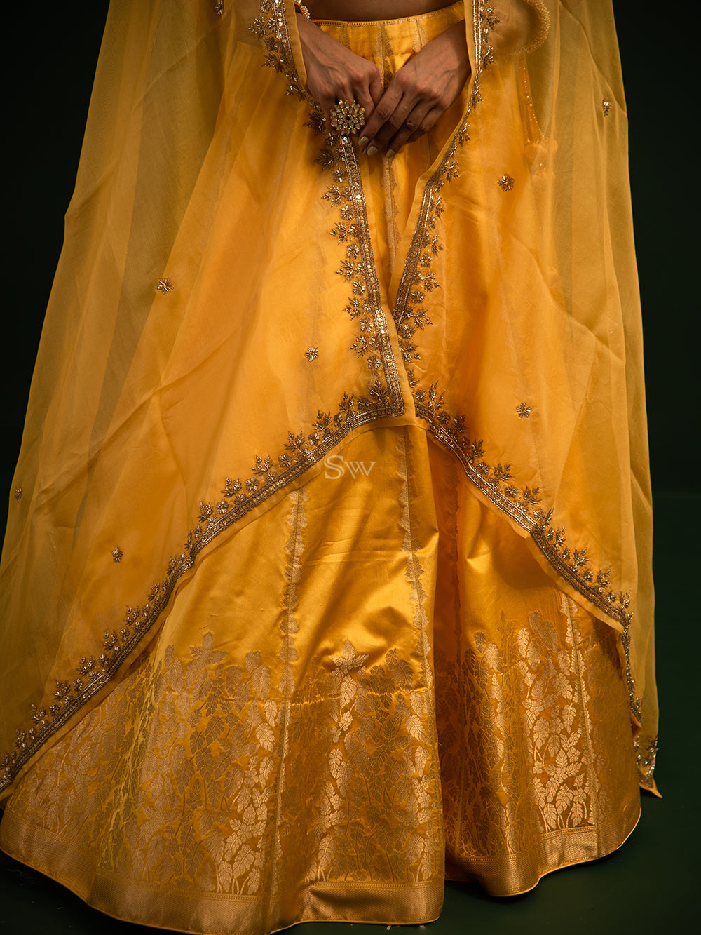 Yellow Satin Silk Handloom Banarasi Lehenga - Saced Weaves