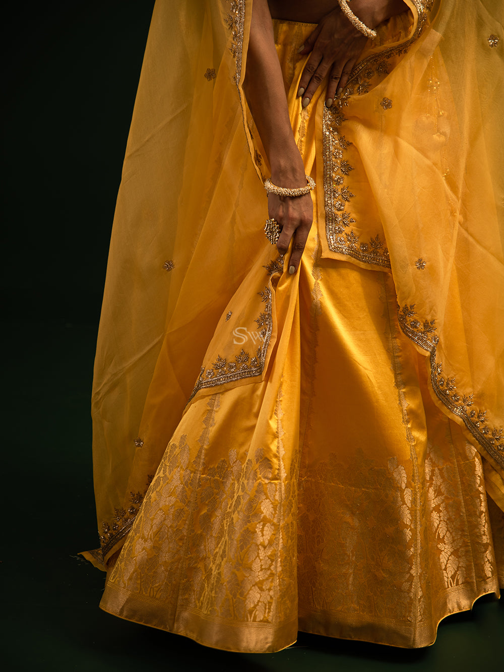 Yellow Satin Silk Handloom Banarasi Lehenga - Saced Weaves