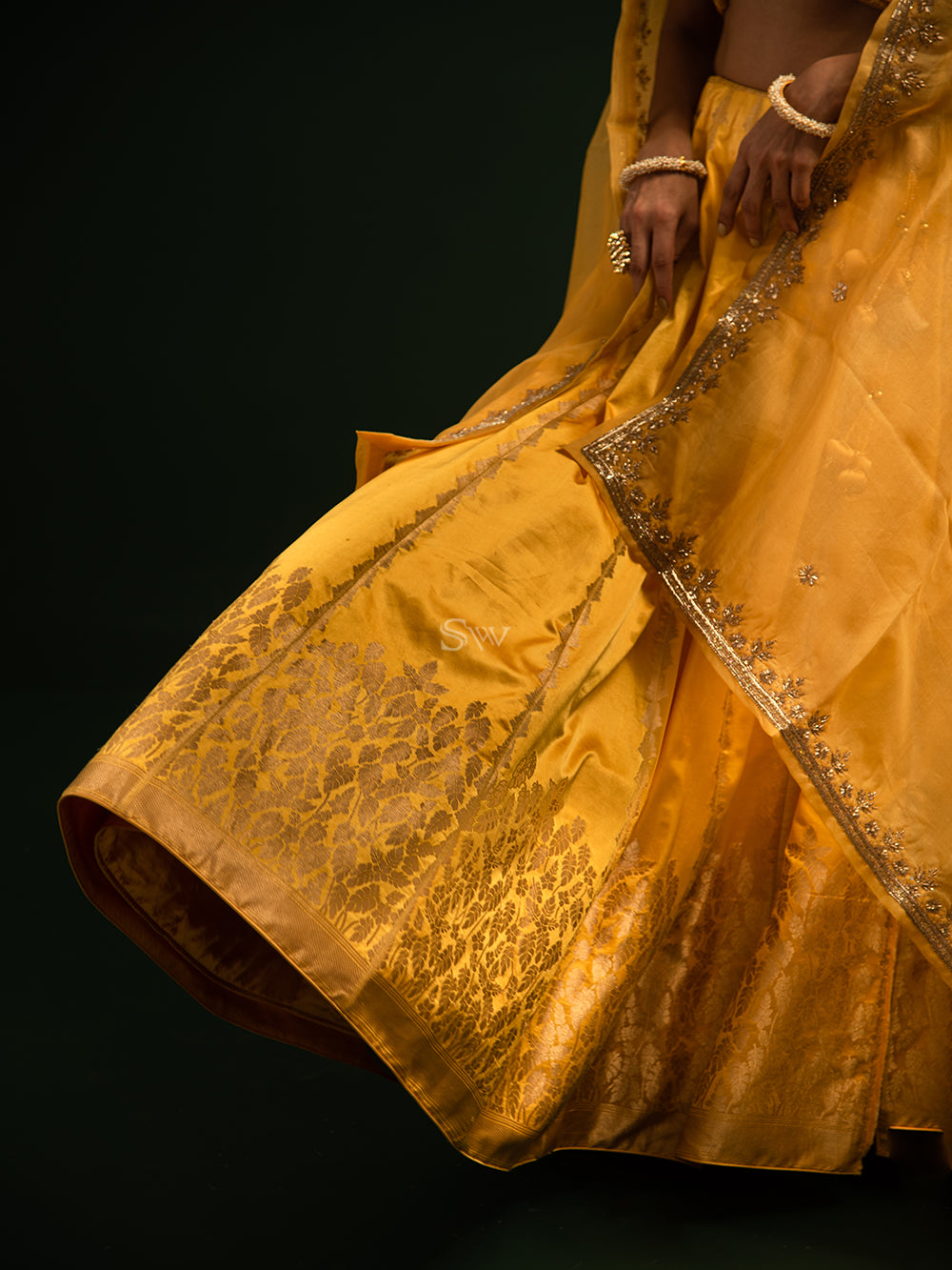 Yellow Satin Silk Handloom Banarasi Lehenga - Saced Weaves