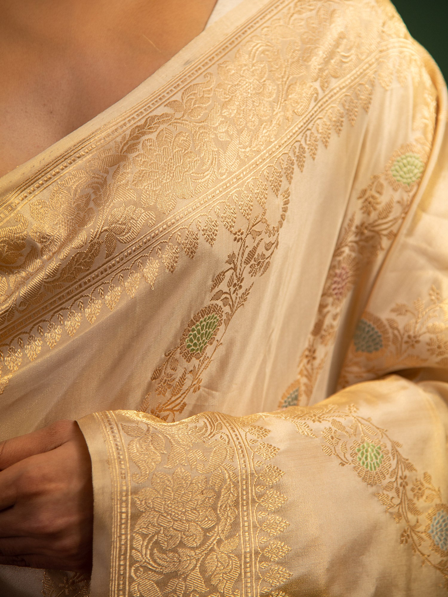 Beige Meenakari Katan Silk Tissue Handloom Banarasi Saree - Sacred Weaves