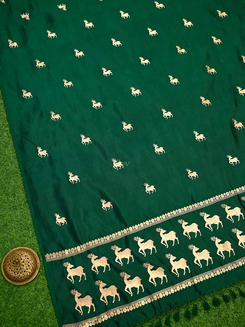 Bottle Green Shikargah Katan Silk Handloom Banarasi Dupatta - Sacred Weaves