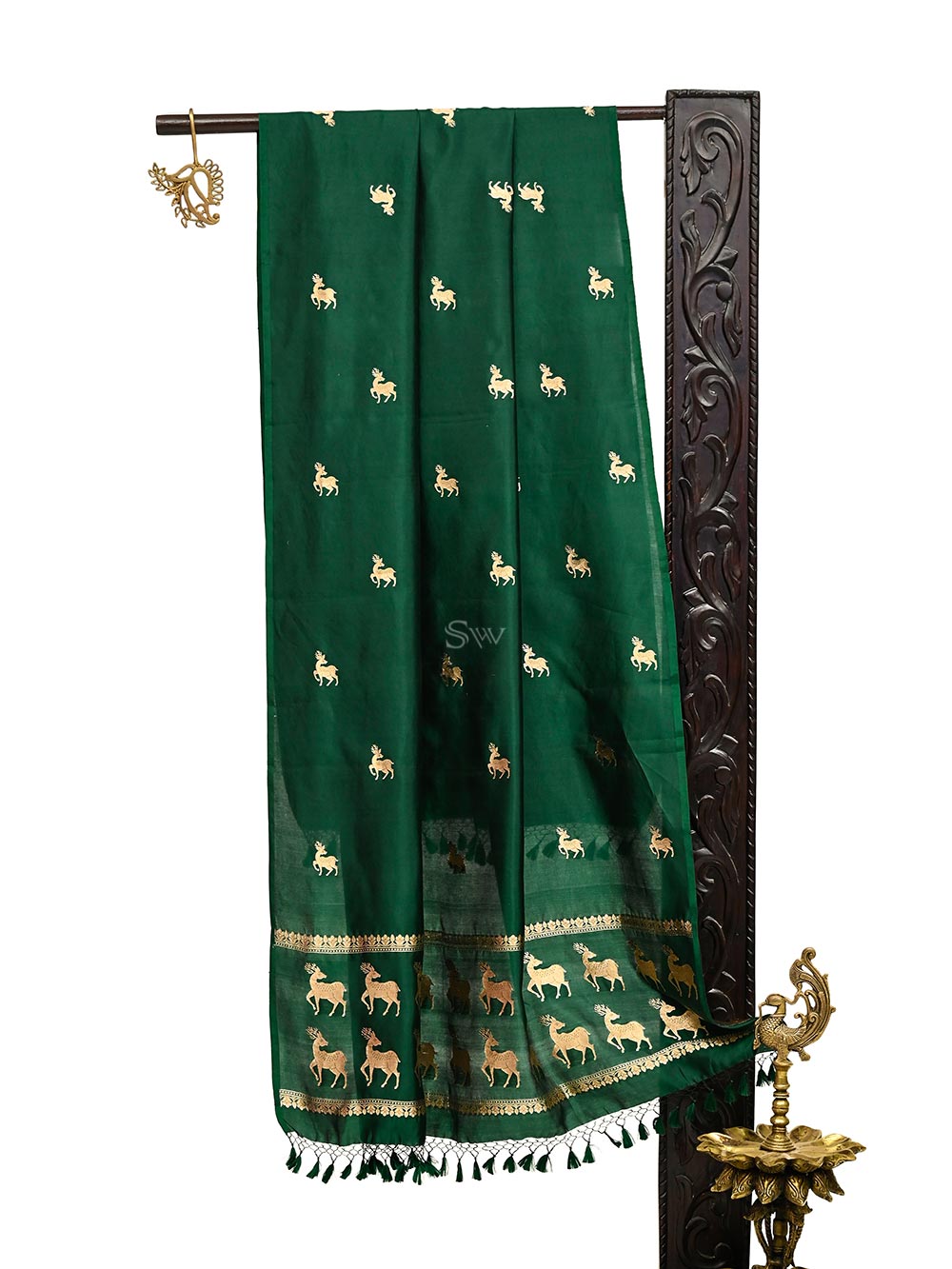 Bottle Green Shikargah Katan Silk Handloom Banarasi Dupatta - Sacred Weaves