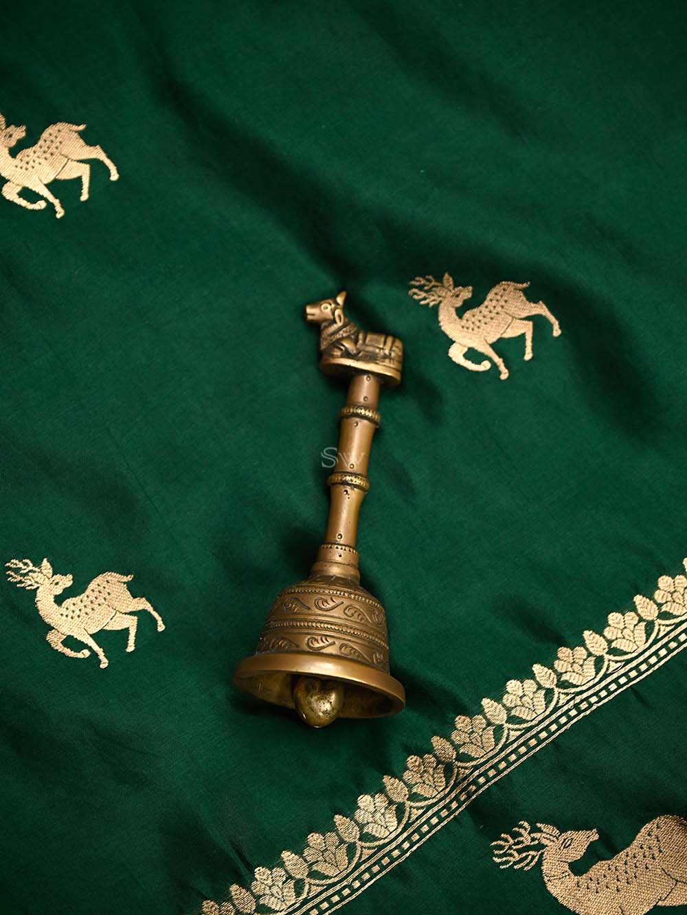 Bottle Green Shikargah Katan Silk Handloom Banarasi Dupatta - Sacred Weaves