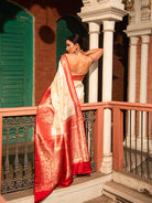 Off-white Boota Katan Silk Handloom Banarasi Saree - Sacred Weaves