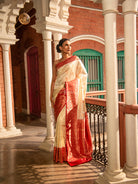 Off-white Boota Katan Silk Handloom Banarasi Saree - Sacred Weaves