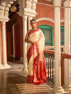 Off-white Boota Katan Silk Handloom Banarasi Saree - Sacred Weaves