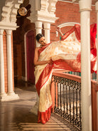 Off-white Boota Katan Silk Handloom Banarasi Saree - Sacred Weaves