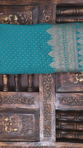 Teal Green Booti Crepe Silk Handloom Banarasi Saree - Sacred Weaves