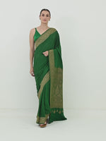 Bottle Green Booti Crepe Silk Handloom Banarasi Saree